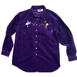 Vintage Looney Tunes Top Womens Large Purple Long Sleeve Button Up Corduroy 2002